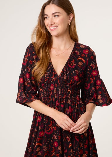 Blue Vanilla Black Paisley Shirred Waist V Neck Midi Dress