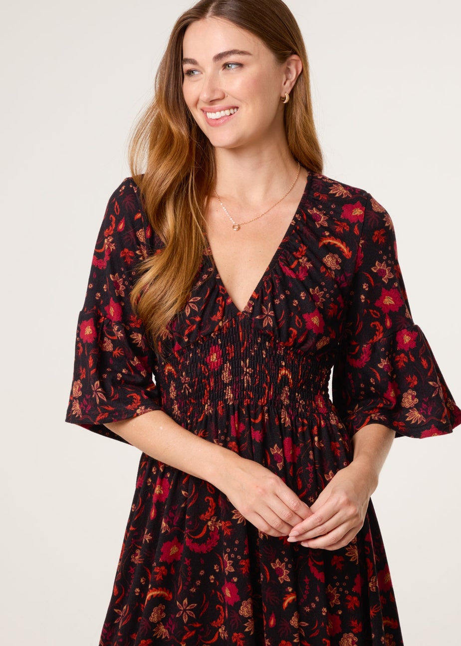 Blue Vanilla Black Paisley Shirred Waist V Neck Midi Dress