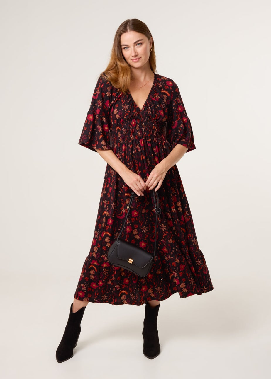 Blue Vanilla Black Paisley Shirred Waist V Neck Midi Dress