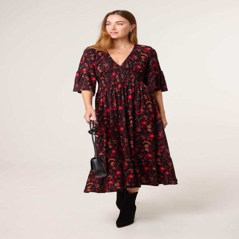 Blue Vanilla Black Paisley Shirred Waist V Neck Midi Dress