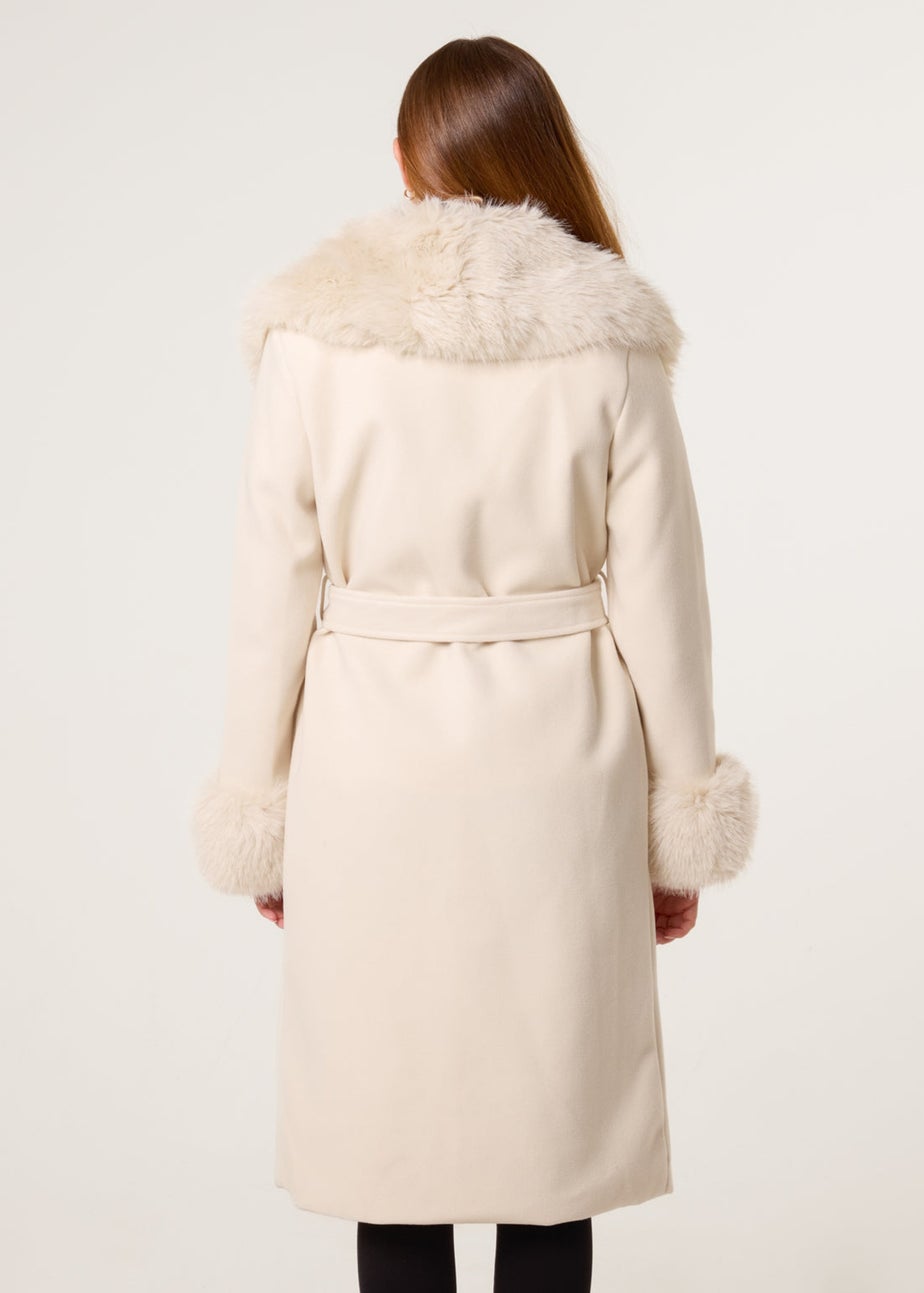 Blue Vanilla Beige Wrap Front Faux Fur Collar & Cuff Coat