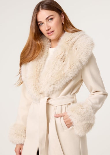 Blue Vanilla Beige Wrap Front Faux Fur Collar & Cuff Coat