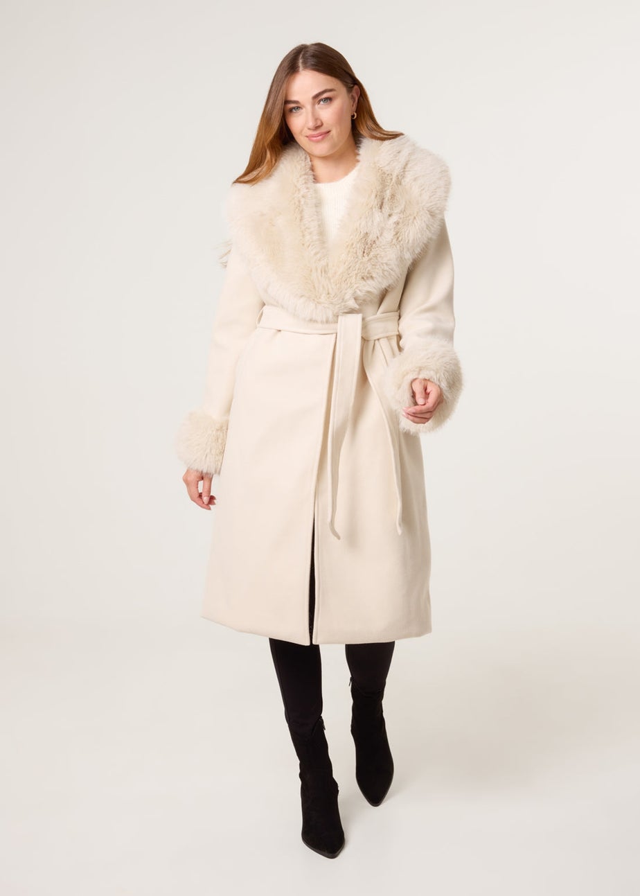 Blue Vanilla Beige Wrap Front Faux Fur Collar & Cuff Coat
