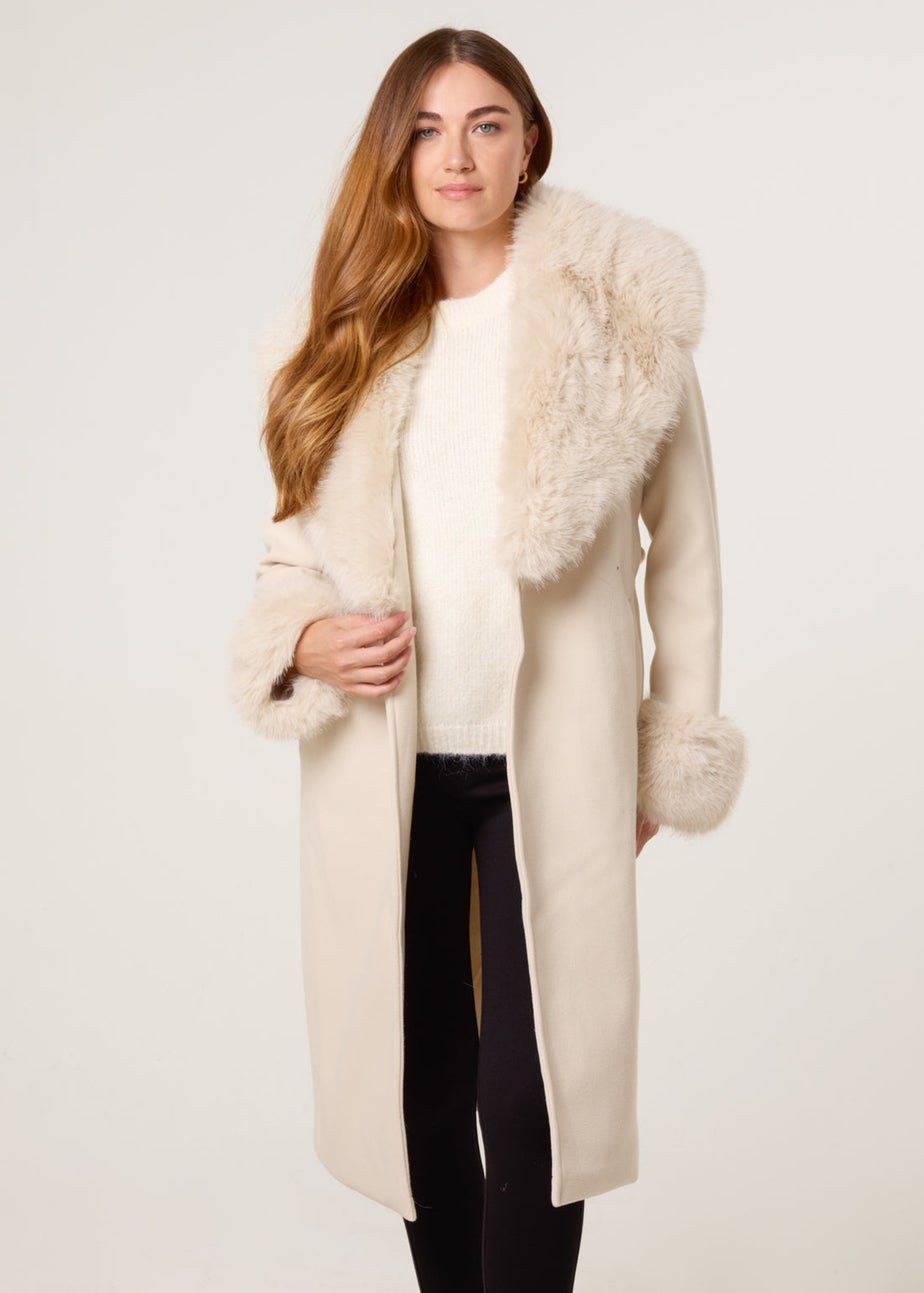 Blue Vanilla Beige Wrap Front Faux Fur Collar & Cuff Coat