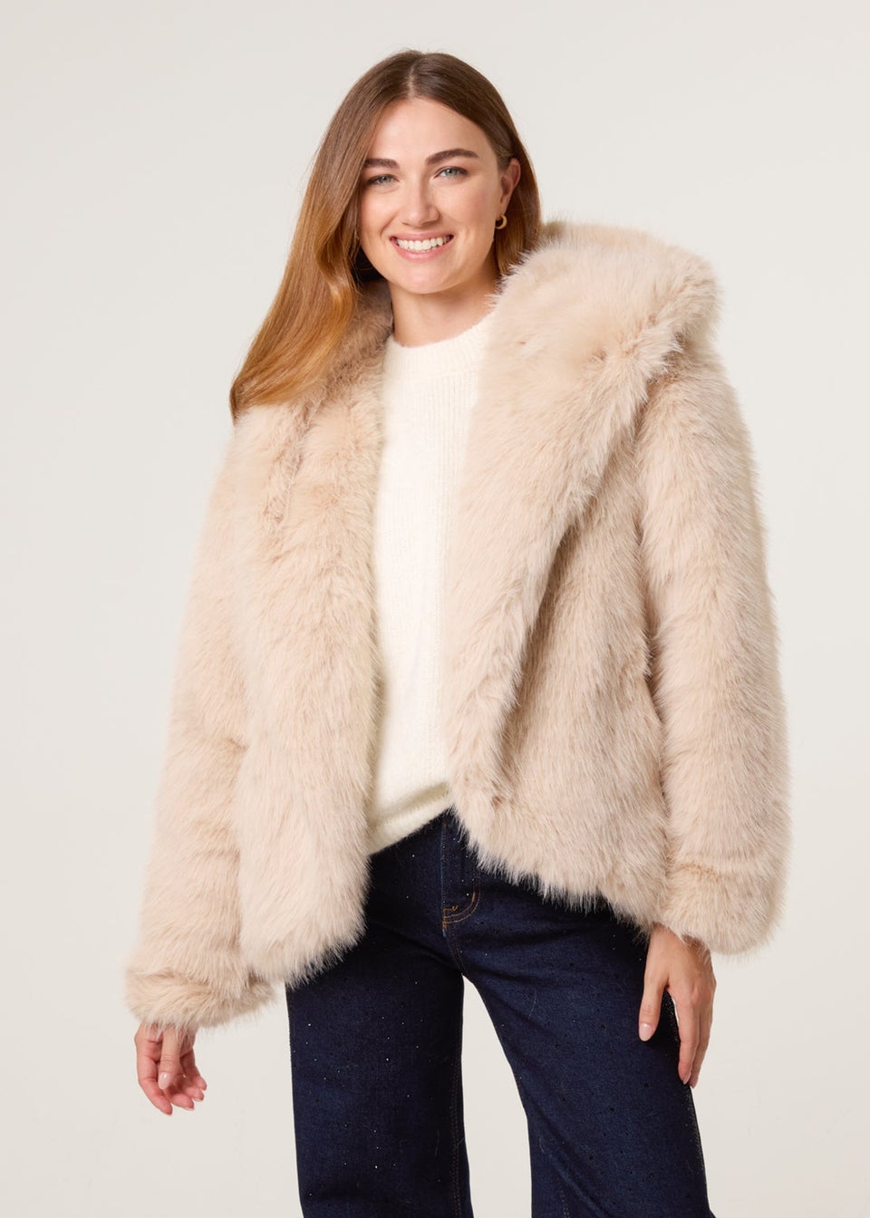 Blue Vanilla Beige Faux Fur Hooded Short Coat