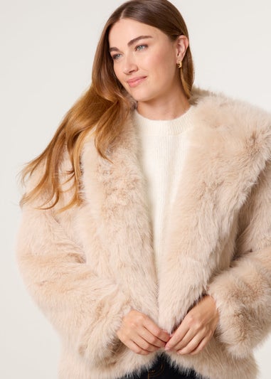 Blue Vanilla Beige Faux Fur Hooded Short Coat