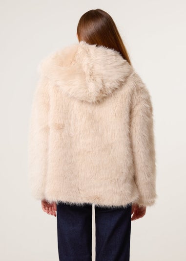 Blue Vanilla Beige Faux Fur Hooded Short Coat