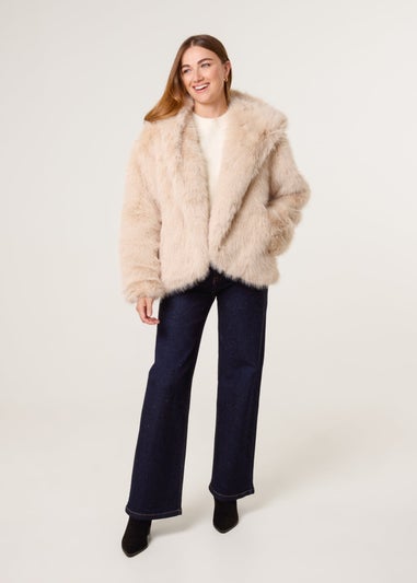 Blue Vanilla Beige Faux Fur Hooded Short Coat