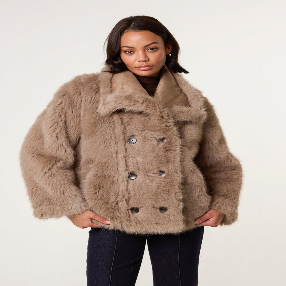 Blue Vanilla Camel Reversible Short Faux Fur Coat