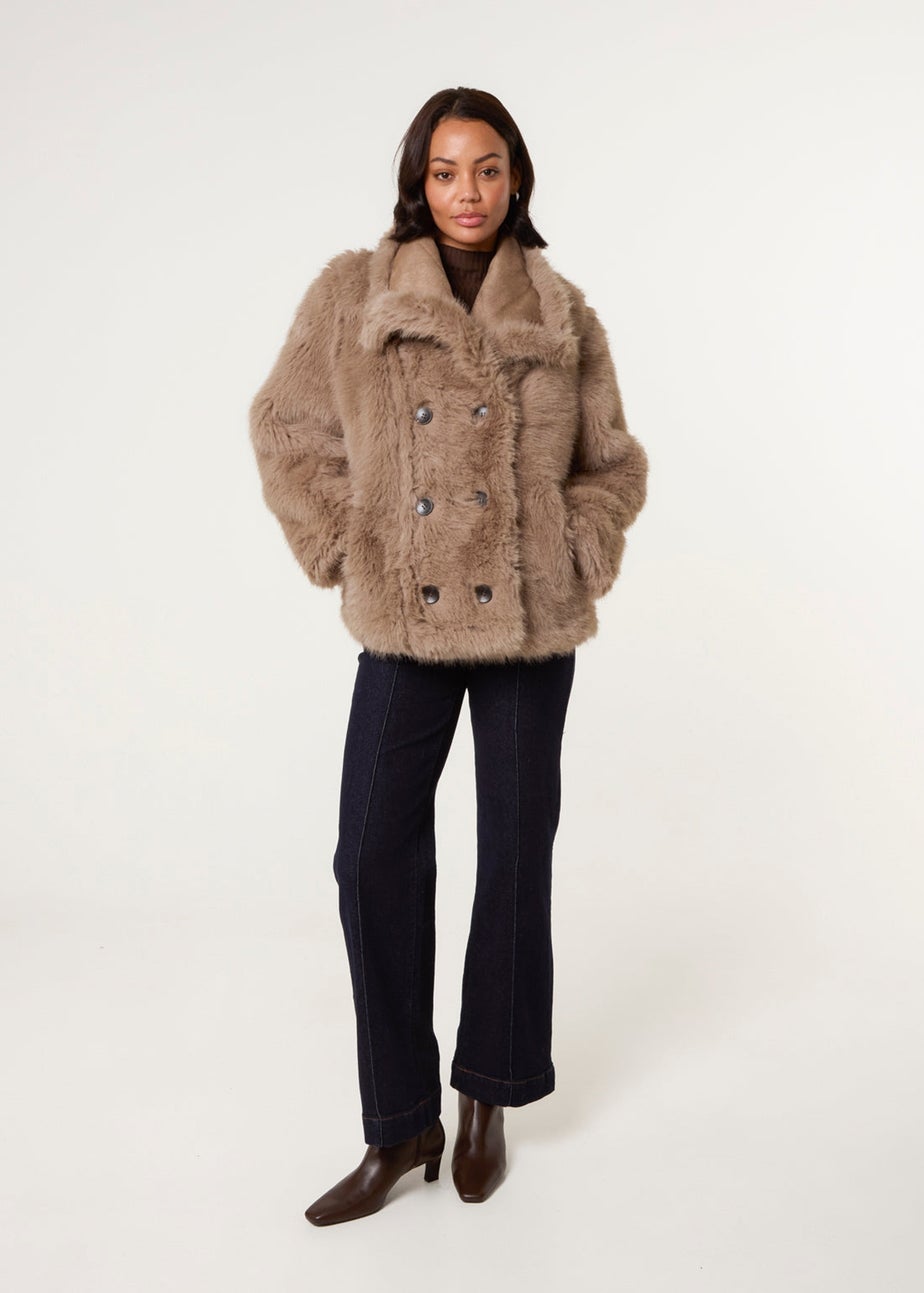 Blue Vanilla Camel Reversible Short Faux Fur Coat