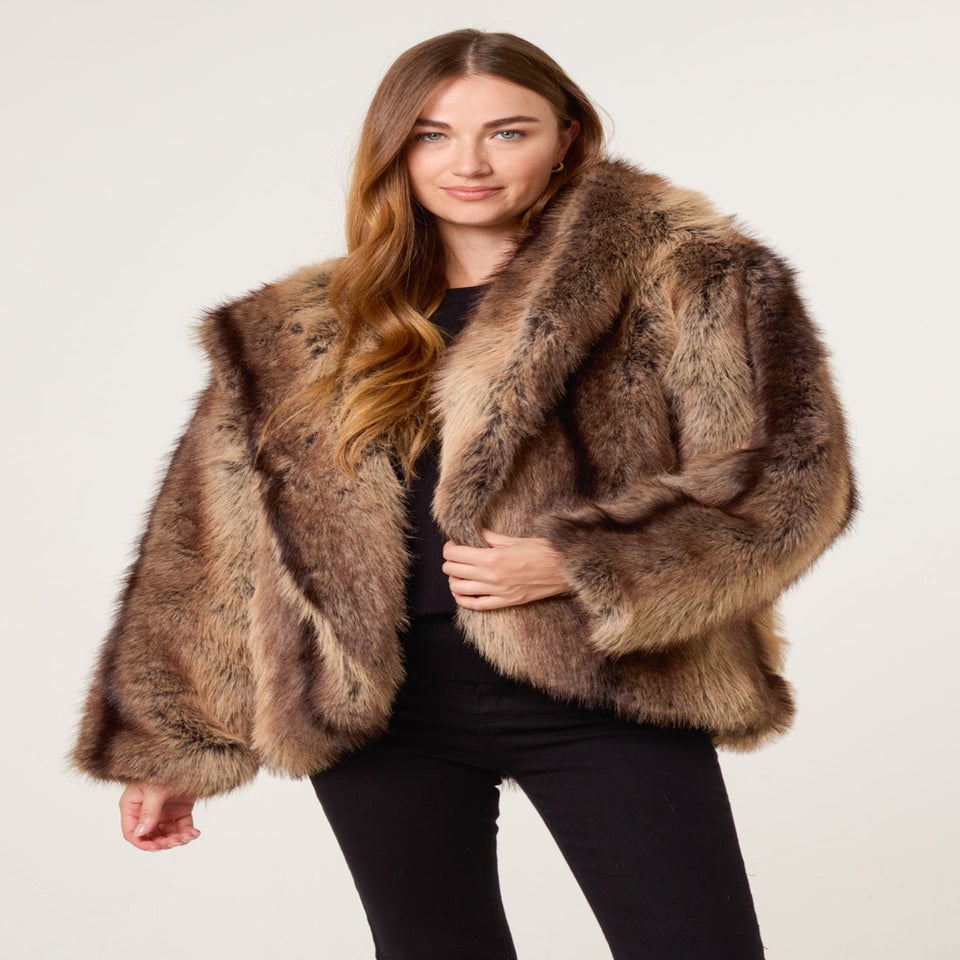 Blue Vanilla Brown Two Tone Faux Fur Hooded Coat