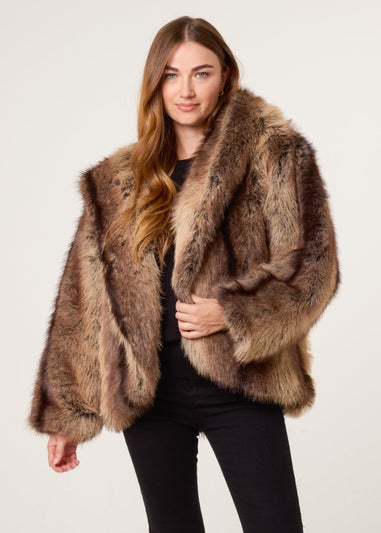 Blue Vanilla Brown Two Tone Faux Fur Hooded Coat