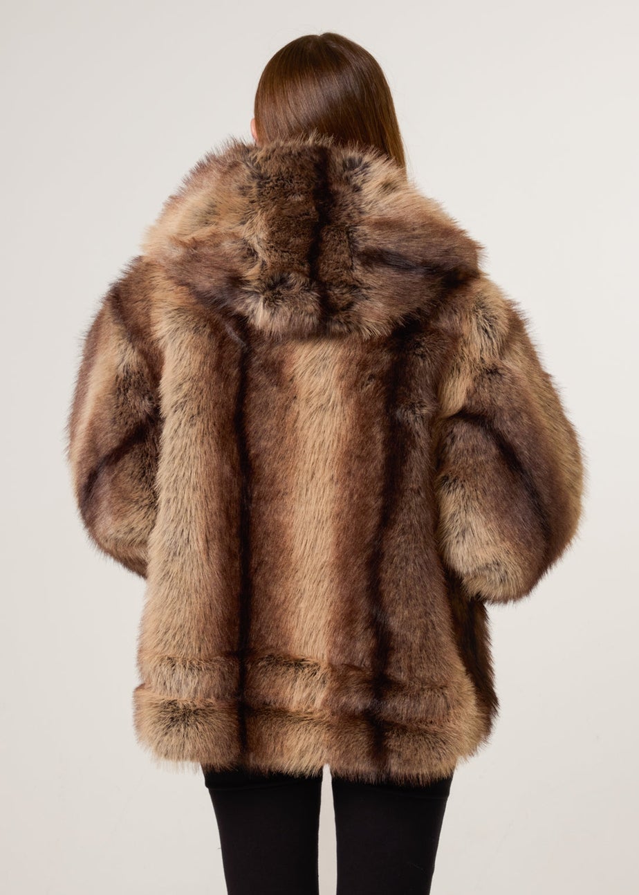 Blue Vanilla Brown Two Tone Faux Fur Hooded Coat