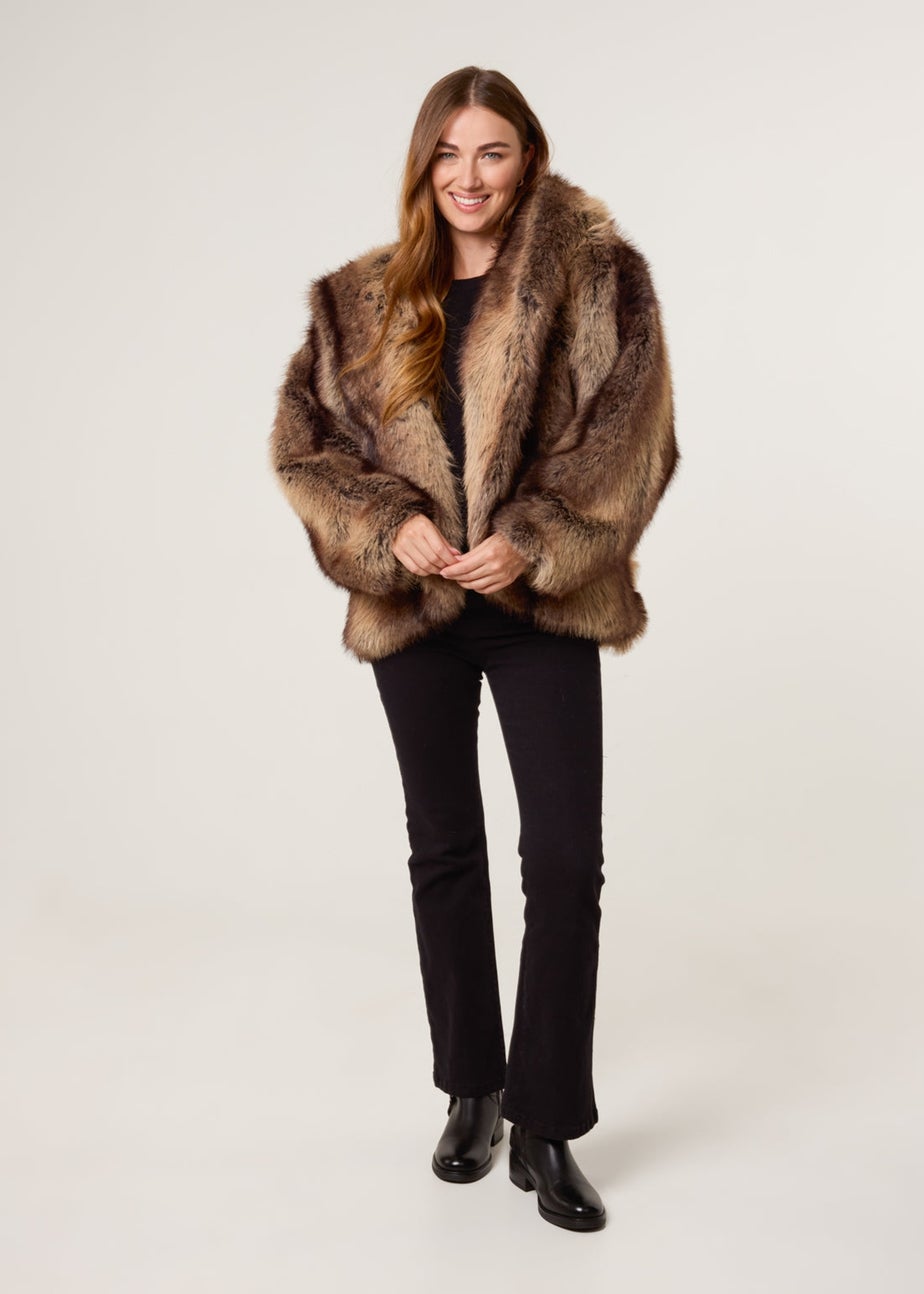 Blue Vanilla Brown Two Tone Faux Fur Hooded Coat