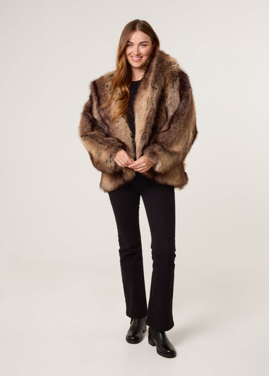 Blue Vanilla Brown Two Tone Faux Fur Hooded Coat