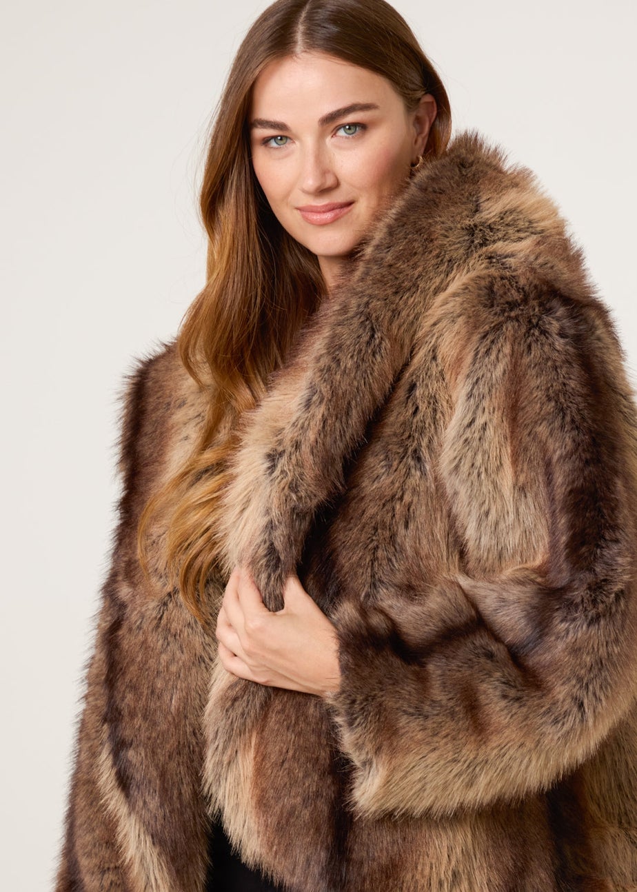Blue Vanilla Brown Two Tone Faux Fur Hooded Coat
