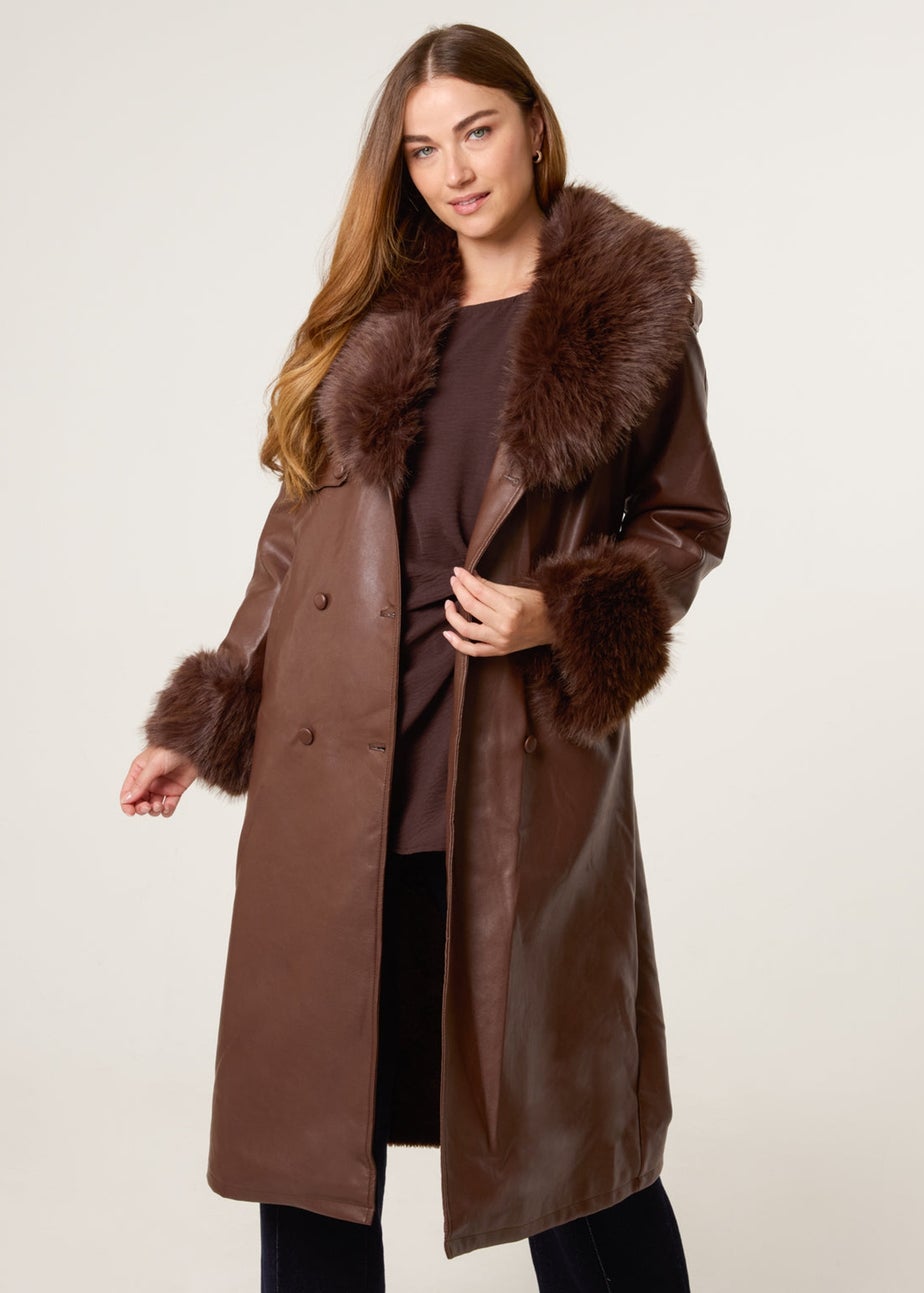Blue Vanilla Brown Faux Fur Cuff & Collar Coat