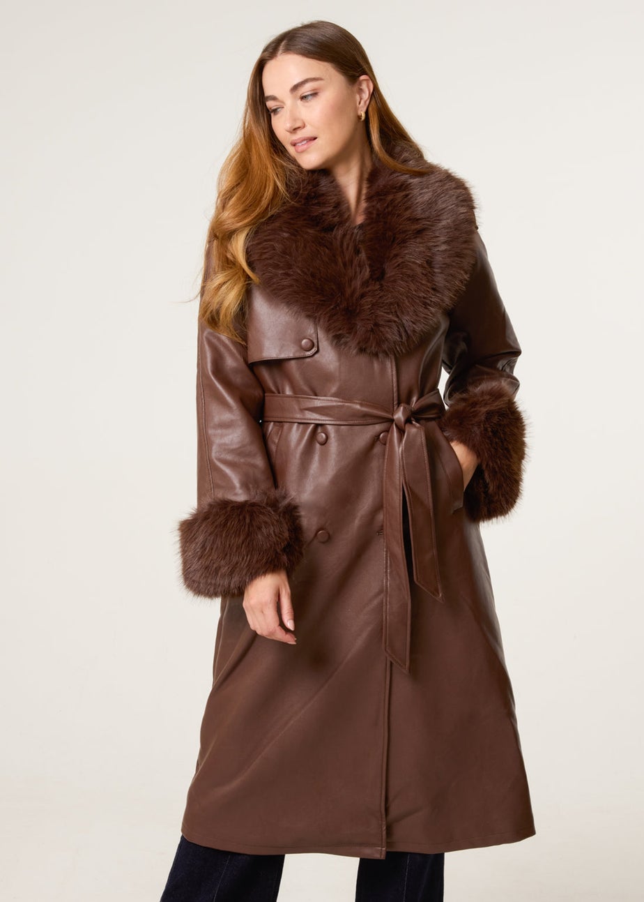 Blue Vanilla Brown Faux Fur Cuff & Collar Coat