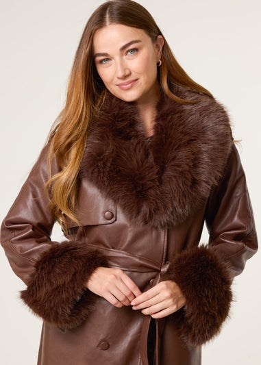 Blue Vanilla Brown Faux Fur Cuff & Collar Coat