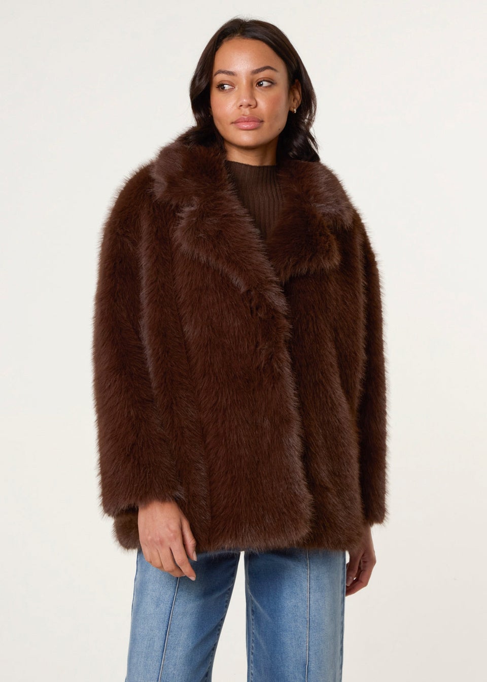 Blue Vanilla Brown Short Faux Fur Coat