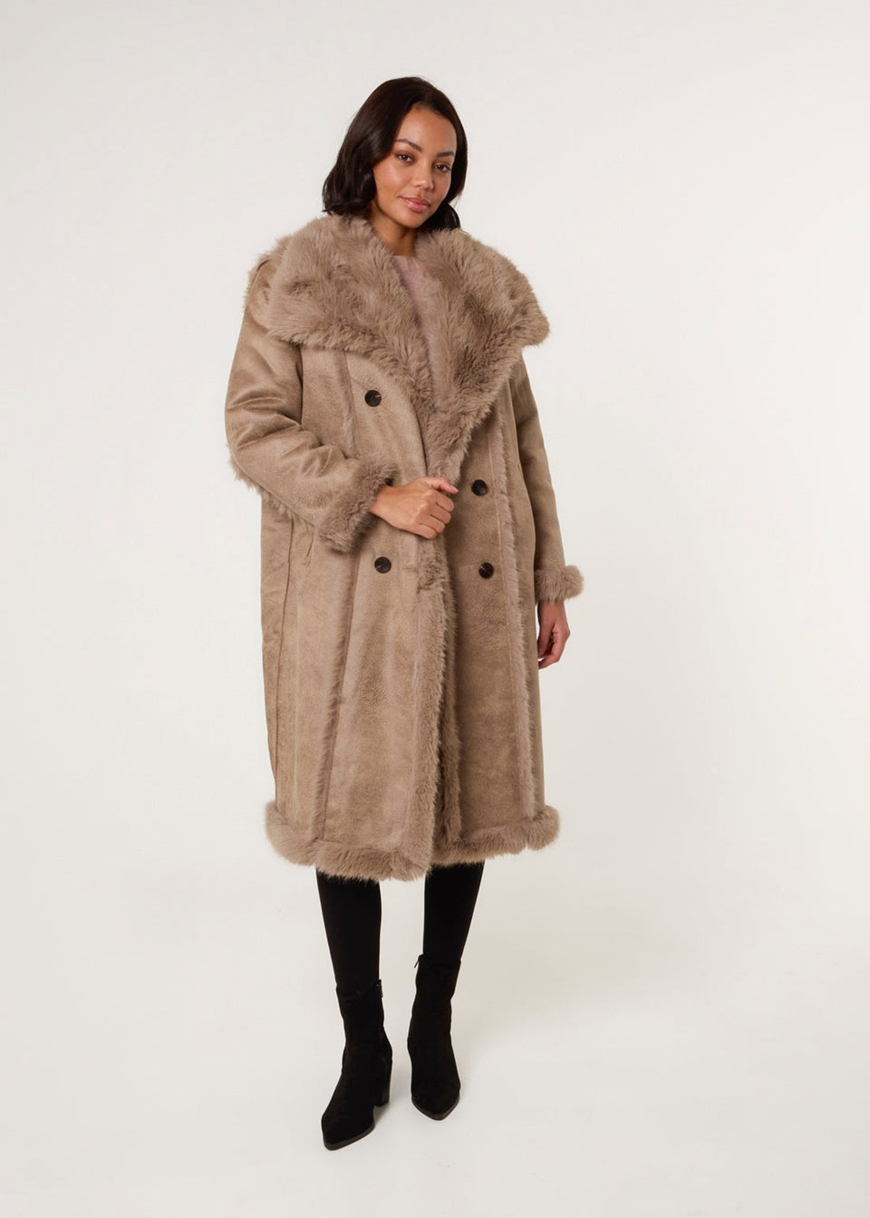 Blue Vanilla Camel Reversible Midi Faux Fur Coat