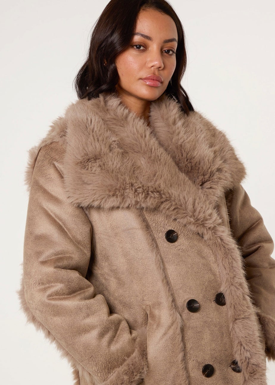 Blue Vanilla Camel Reversible Midi Faux Fur Coat
