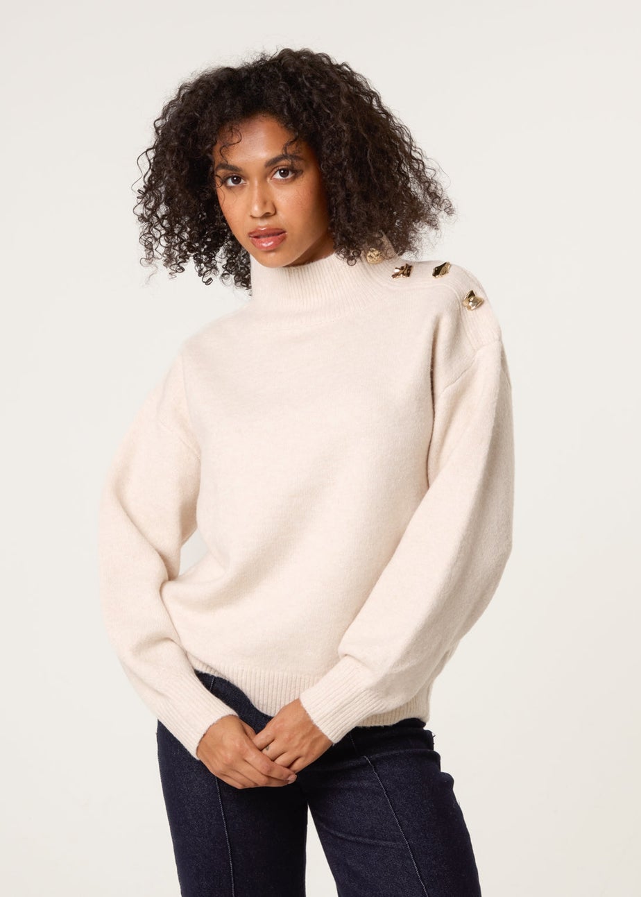 Blue Vanilla Stone Turtle Neck Shoulder Brooch Detailed Jumper