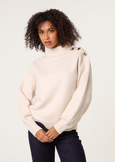 Blue Vanilla Stone Turtle Neck Shoulder Brooch Detailed Jumper