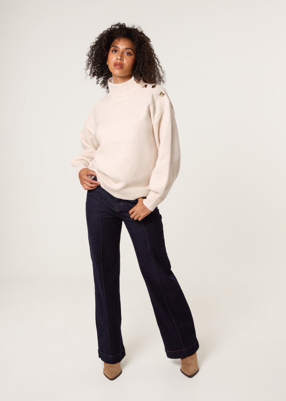 Blue Vanilla Stone Turtle Neck Shoulder Brooch Detailed Jumper