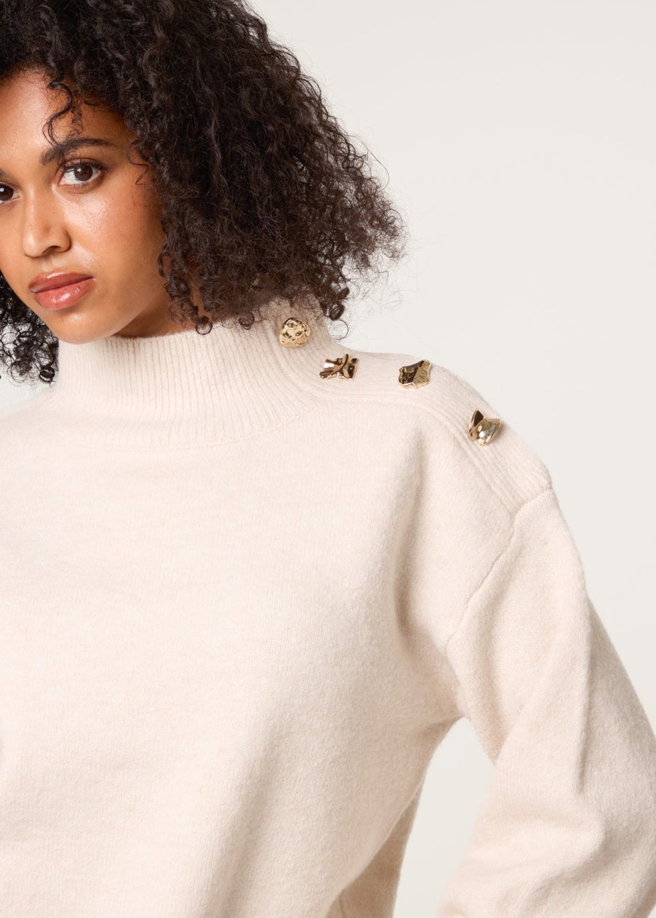 Blue Vanilla Stone Turtle Neck Shoulder Brooch Detailed Jumper