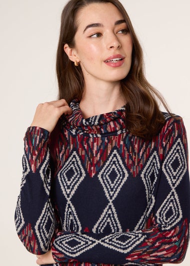 Blue Vanilla Navy Printed Draped Cowl Neck Long Sleeve Dress