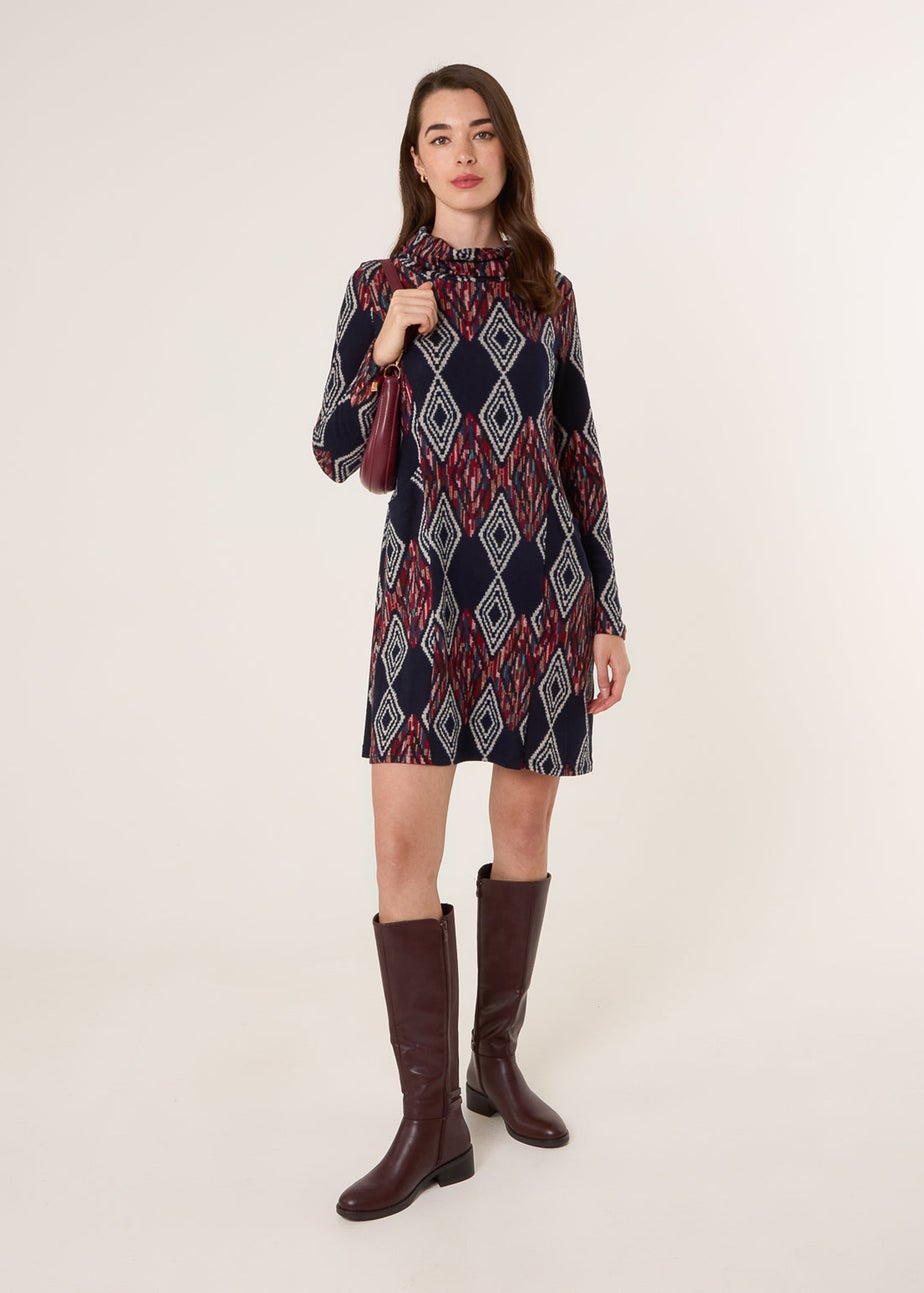 Blue Vanilla Navy Printed Draped Cowl Neck Long Sleeve Dress