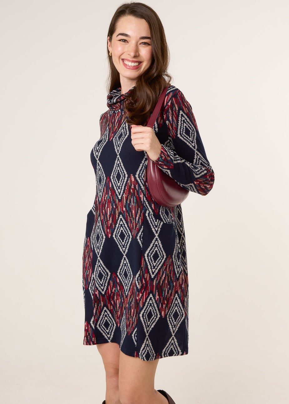 Blue Vanilla Navy Printed Draped Cowl Neck Long Sleeve Dress