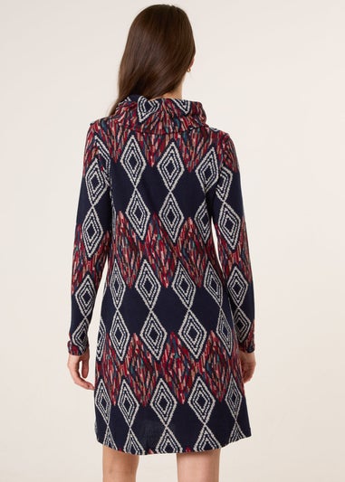 Blue Vanilla Navy Printed Draped Cowl Neck Long Sleeve Dress