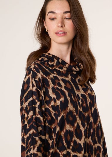 Blue Vanilla Brown Leopard Print Draped Cowl Neck Tunic Dress