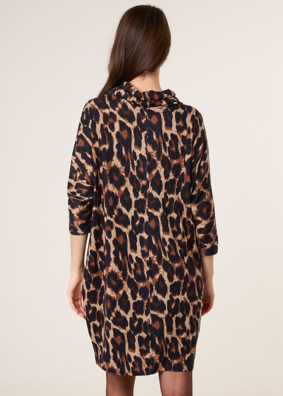 Blue Vanilla Brown Leopard Print Draped Cowl Neck Tunic Dress