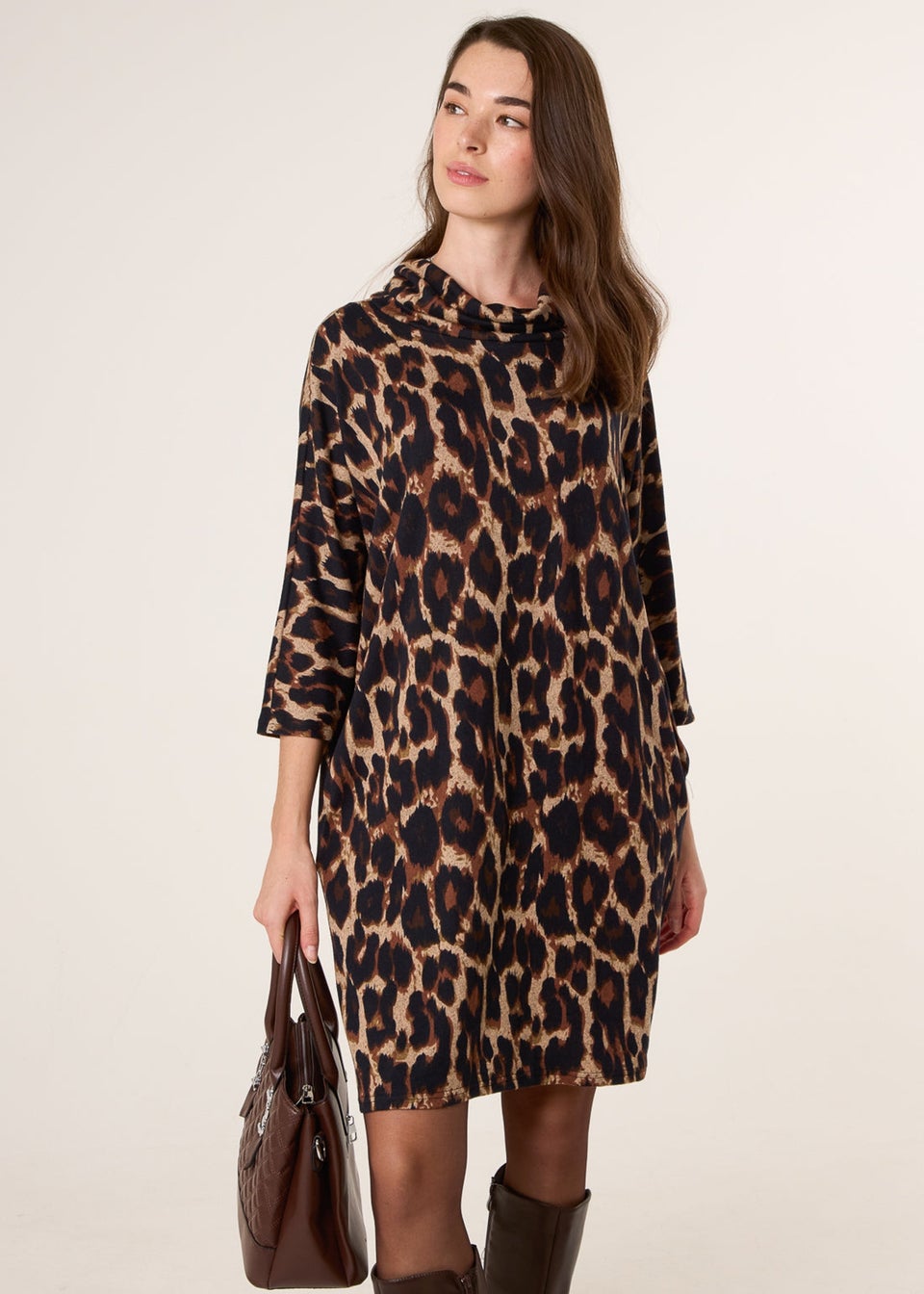 Blue Vanilla Brown Leopard Print Draped Cowl Neck Tunic Dress