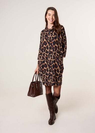 Blue Vanilla Brown Leopard Print Draped Cowl Neck Tunic Dress