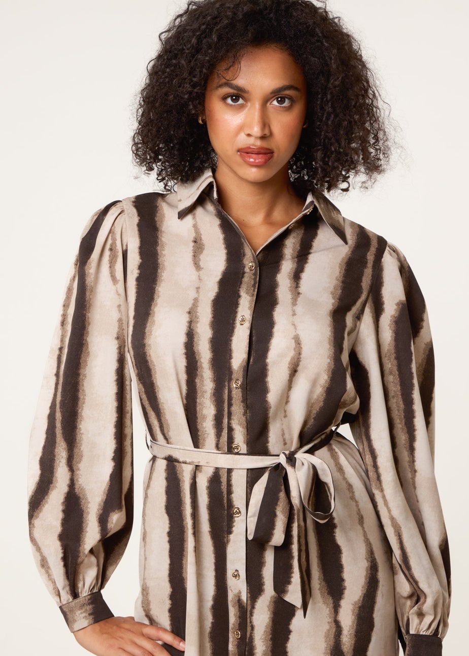 Blue Vanilla Beige Printed Puff Sleeve Button Through Midi Dress