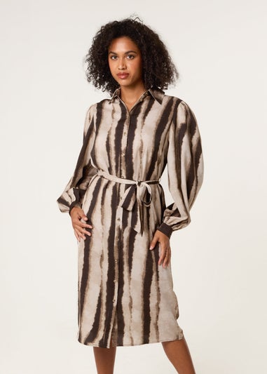 Blue Vanilla Beige Printed Puff Sleeve Button Through Midi Dress