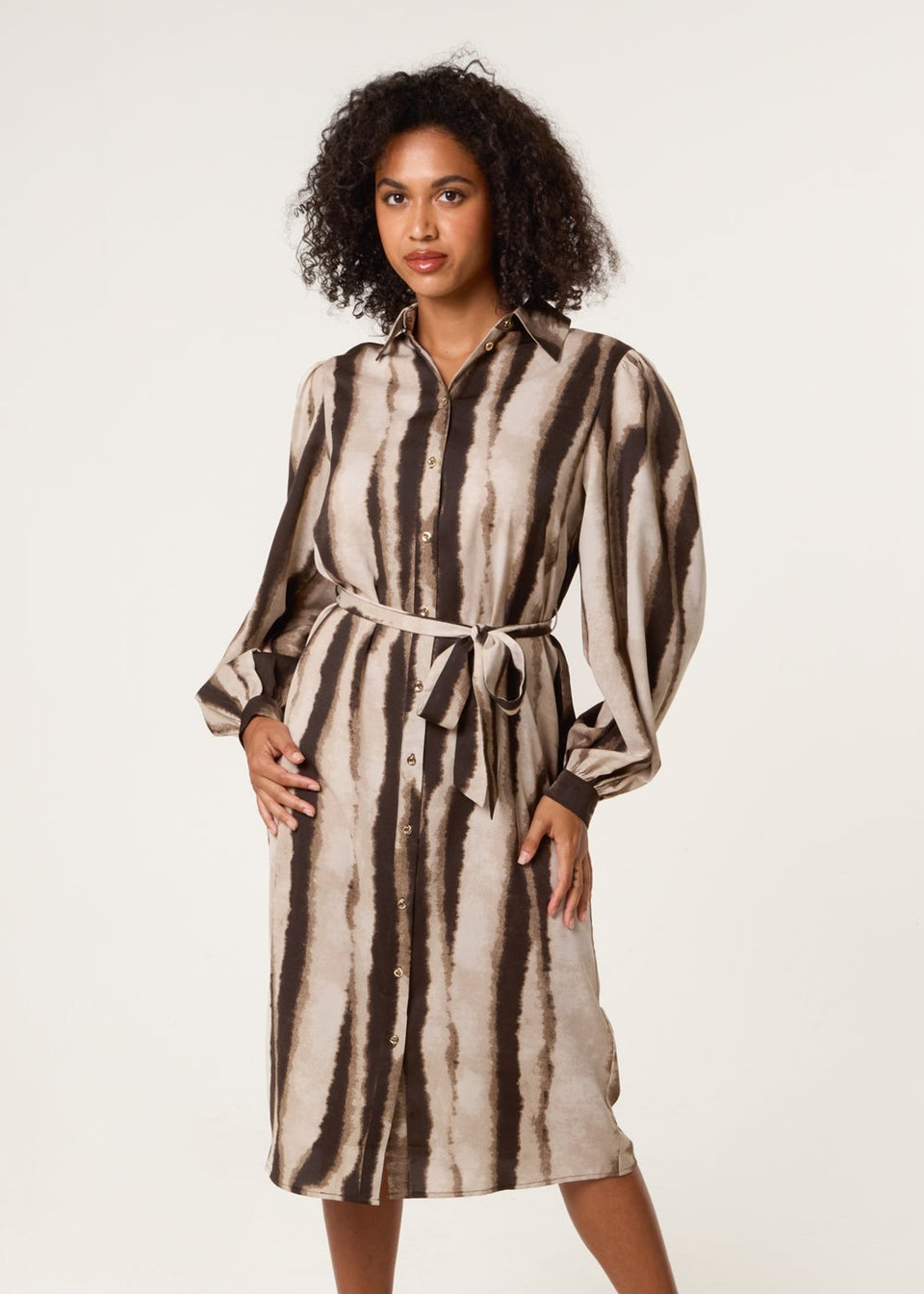 Blue Vanilla Beige Printed Puff Sleeve Button Through Midi Dress