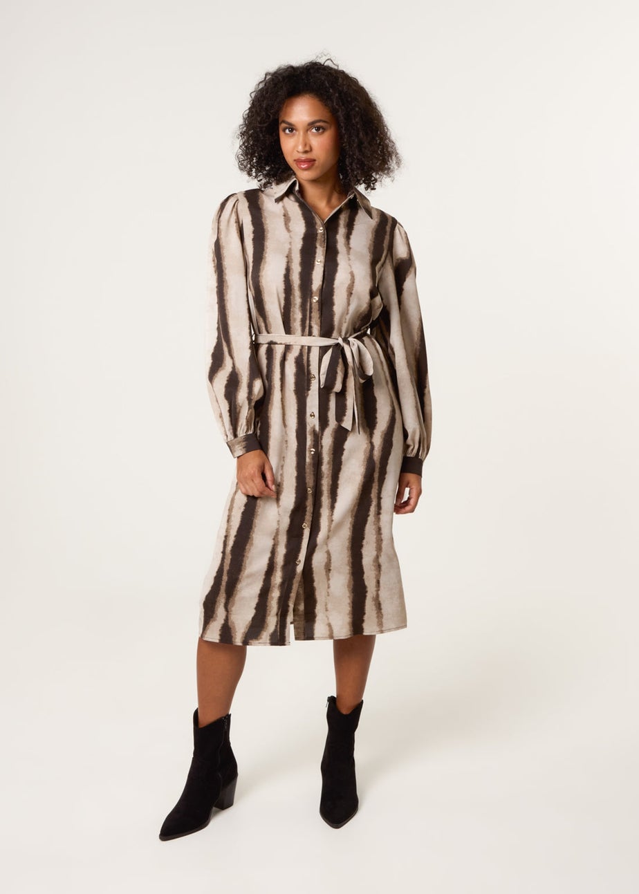 Blue Vanilla Beige Printed Puff Sleeve Button Through Midi Dress