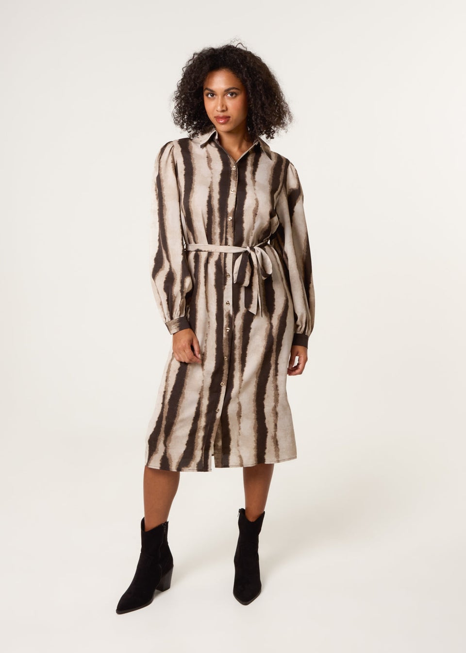 Blue Vanilla Beige Printed Puff Sleeve Button Through Midi Dress