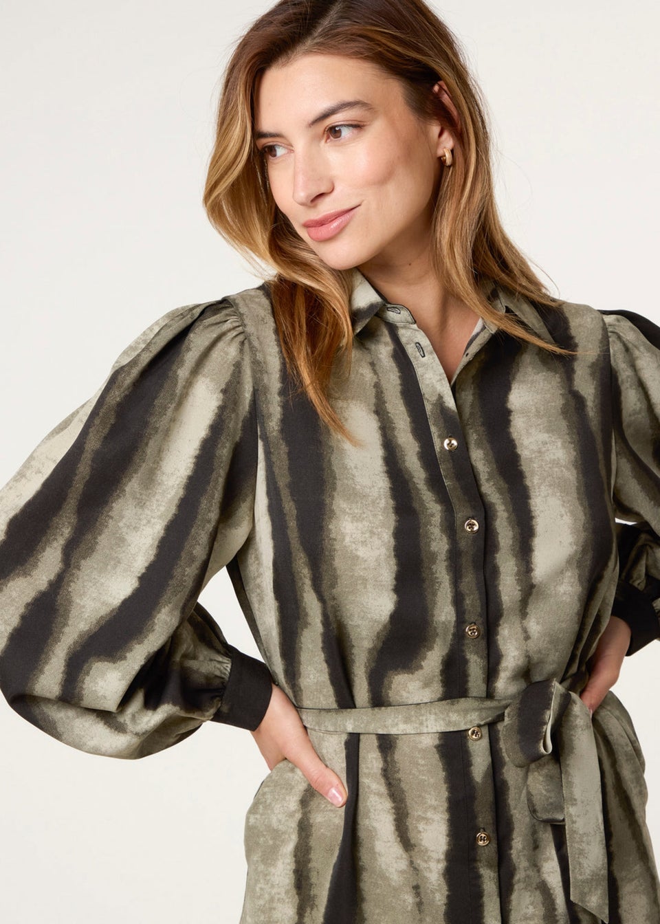 Blue Vanilla Khaki Printed Puff Sleeve Button Through Midi Dress