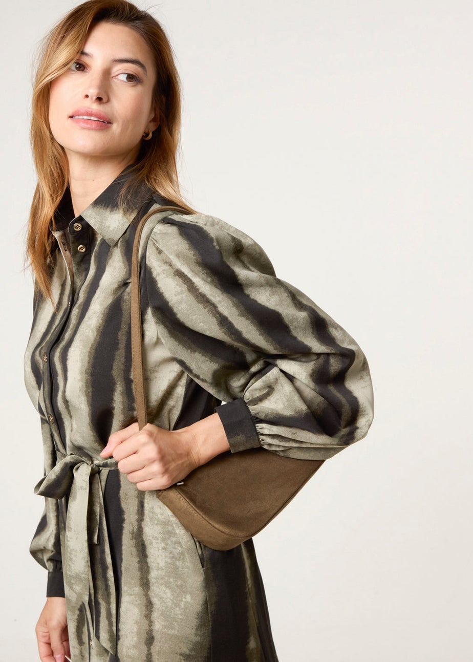 Blue Vanilla Khaki Printed Puff Sleeve Button Through Midi Dress