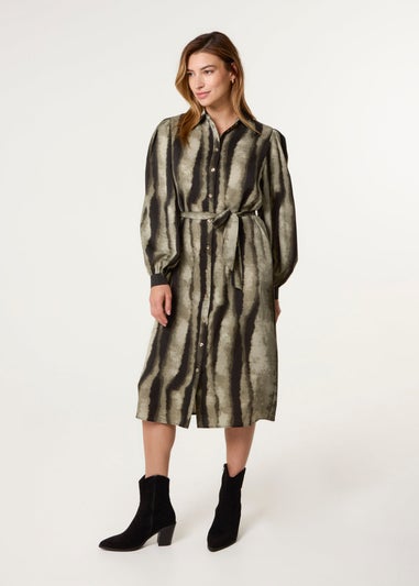 Blue Vanilla Khaki Printed Puff Sleeve Button Through Midi Dress