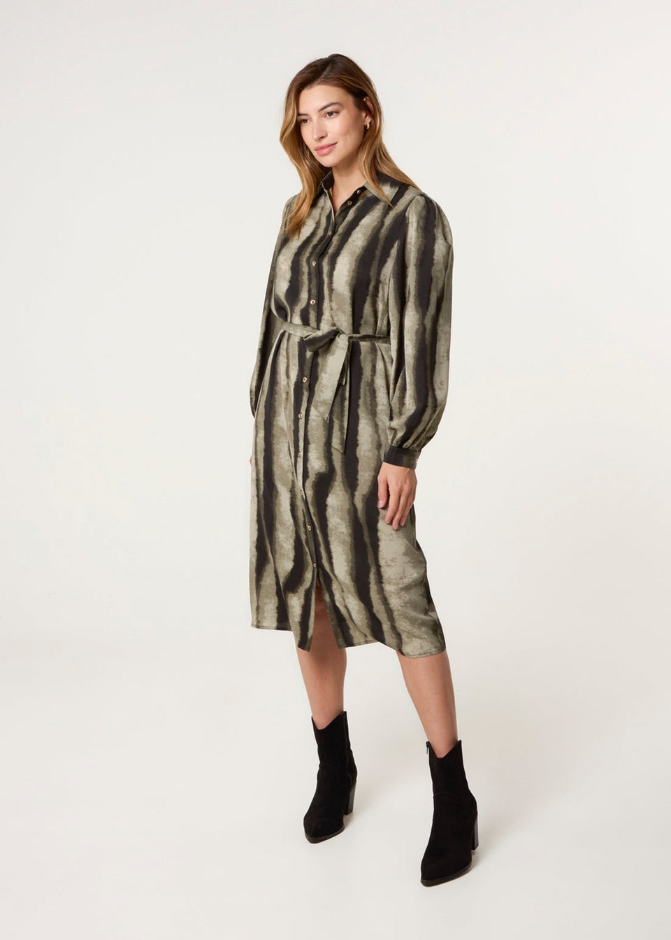 Blue Vanilla Khaki Printed Puff Sleeve Button Through Midi Dress