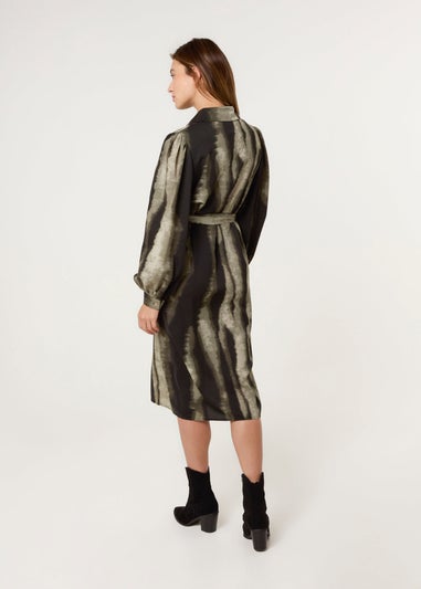 Blue Vanilla Khaki Printed Puff Sleeve Button Through Midi Dress