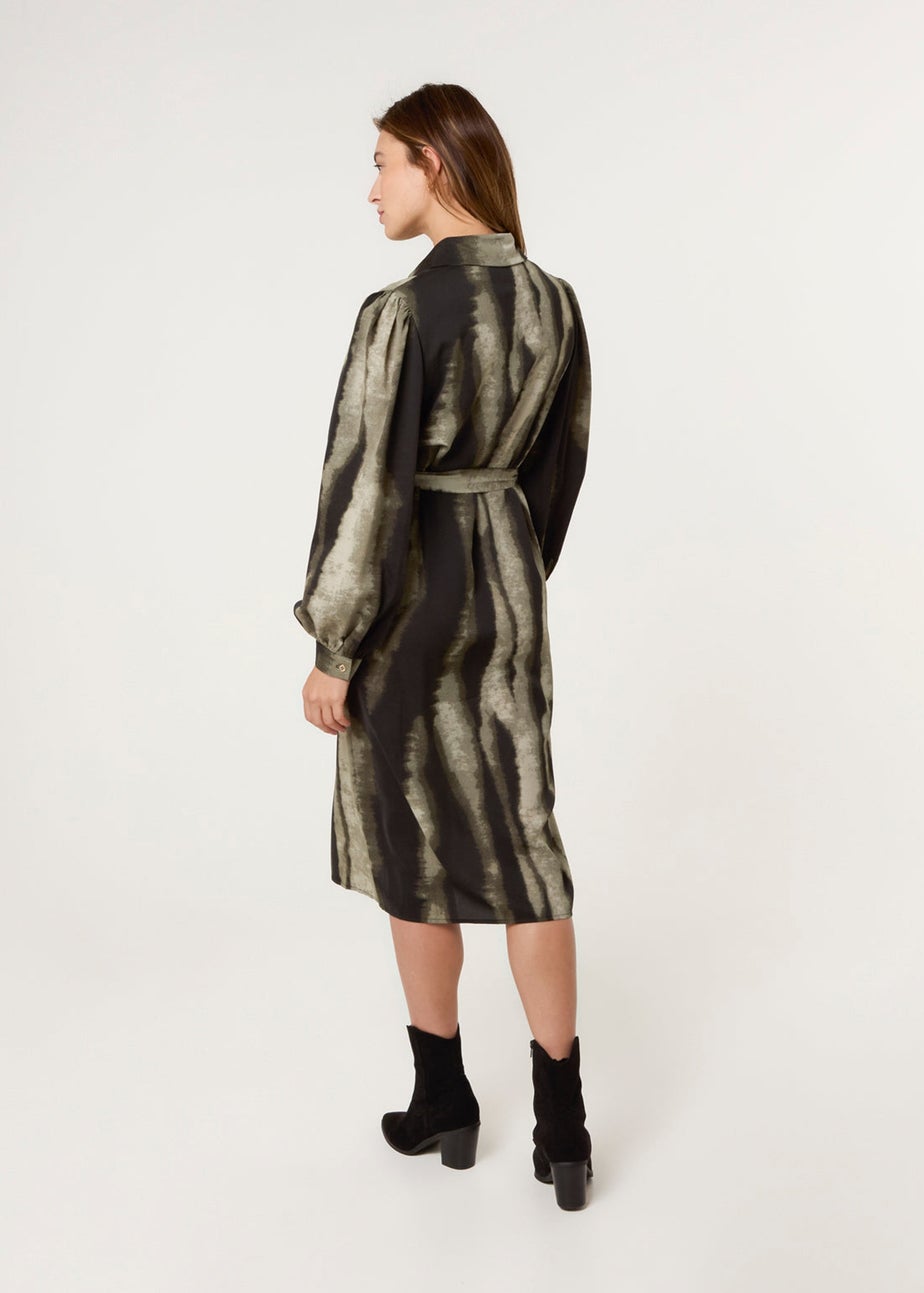 Blue Vanilla Khaki Printed Puff Sleeve Button Through Midi Dress