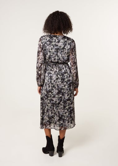 Blue Vanilla Black Printed Lurex Buckle Belted Midi Dress